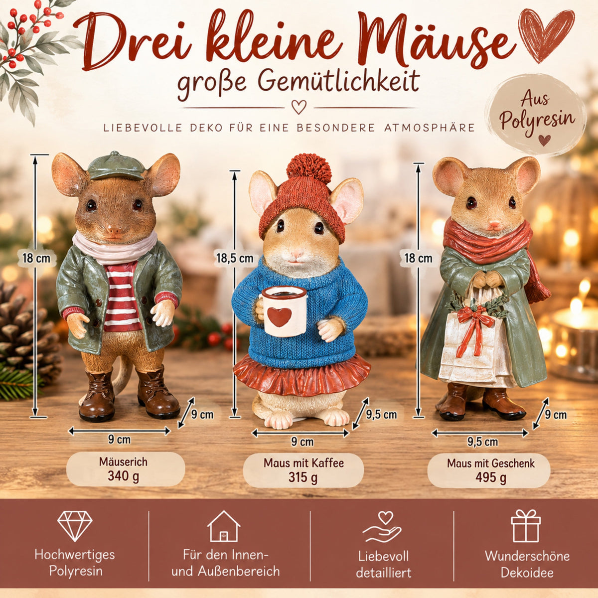3 Motiven Weihnachtsmäuse Figuren aus Polyresin – Tischdeko, Winterdeko