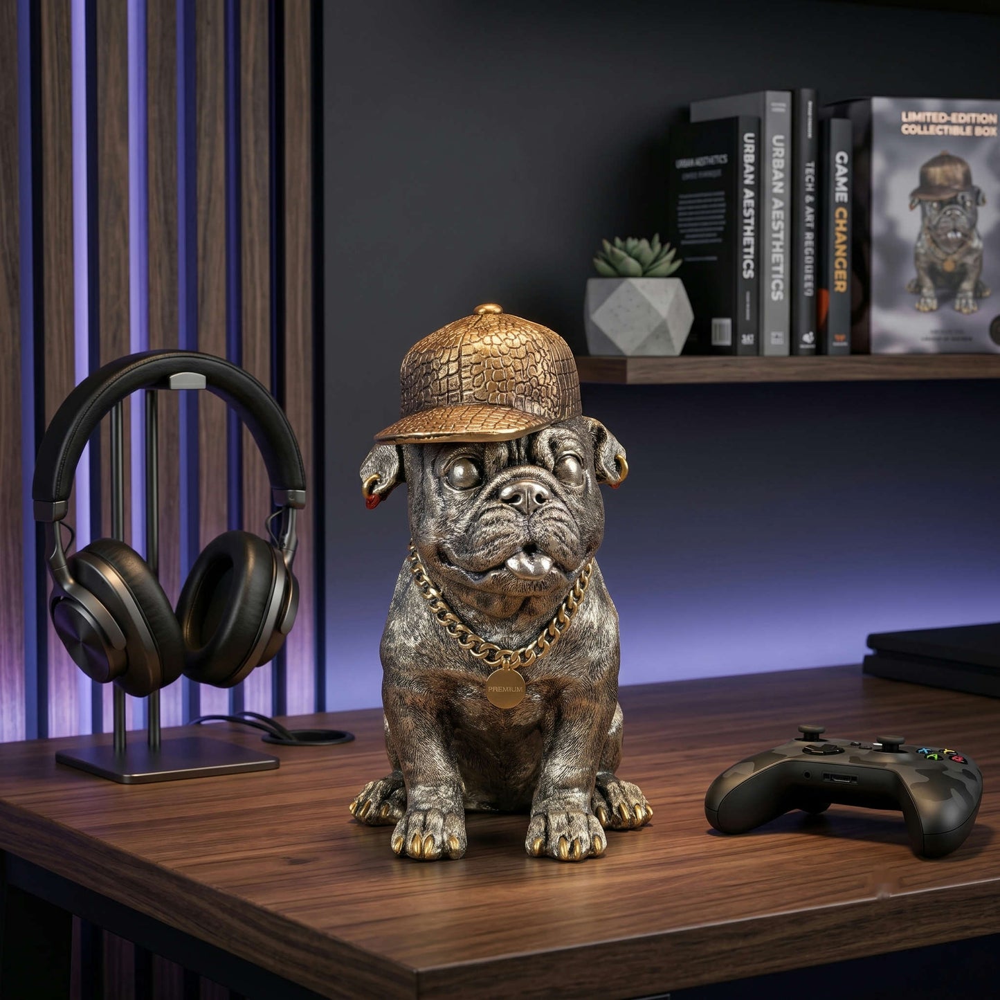 Goldene Bulldogge Dekofigur mit Cap – moderner Deko-Hund