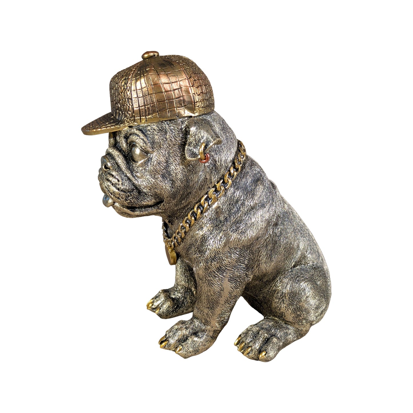 Goldene Bulldogge Dekofigur mit Cap – moderner Deko-Hund