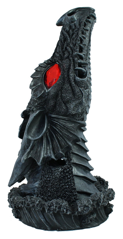 Drachenkopf Dekofigur mit rotem Auge – schwarze Gothic Skulptur