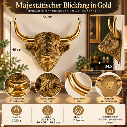 Goldener Highland Cattle Wandkopf – Hochlandrind Tierkopf als Wanddeko für Wohnraum & Flur