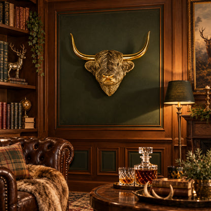 Goldener Highland Cattle Wandkopf – Hochlandrind Tierkopf als Wanddeko für Wohnraum & Flur