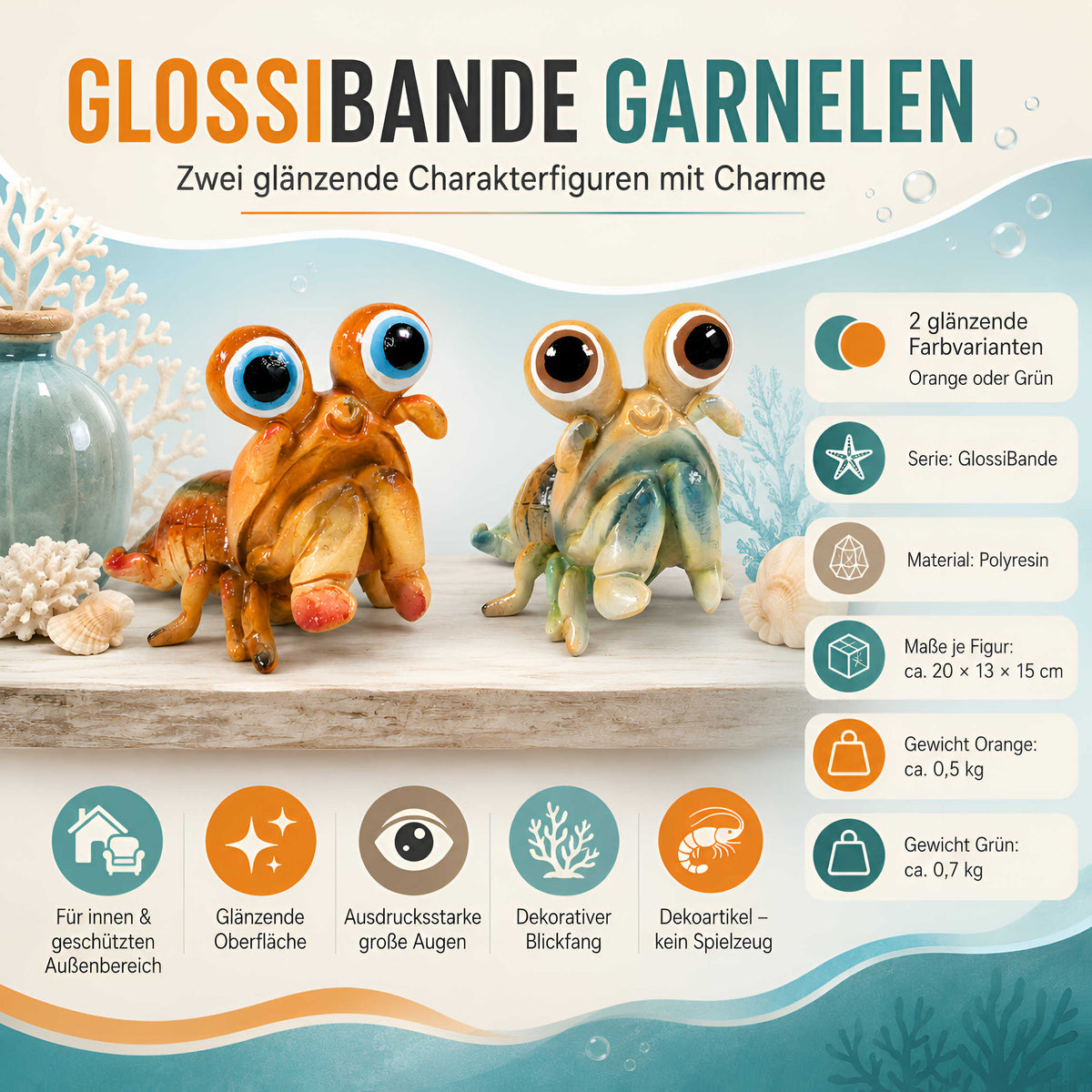 GlossiBande Garnele Figur glänzend Grün & Orange – maritime Deko innen & außen