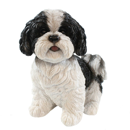 Hunde Figur Shih Tzu Welpe sitzend weiß-schwarz Hund Tierfigur Hundefigur