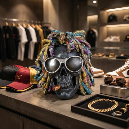 Rasta Totenkopf Dekofigur mit Sonnenbrille, Zigarre & Dreadlocks