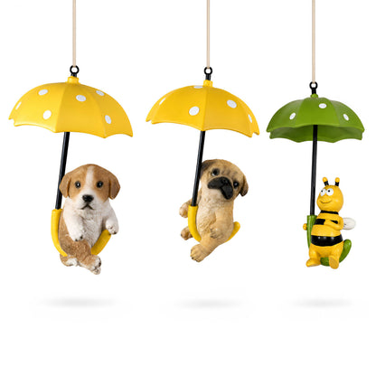 Hängedeko Tierfigur mit Schirm – Fenster- & Gartendeko: Biene, Mops oder Jack Russell