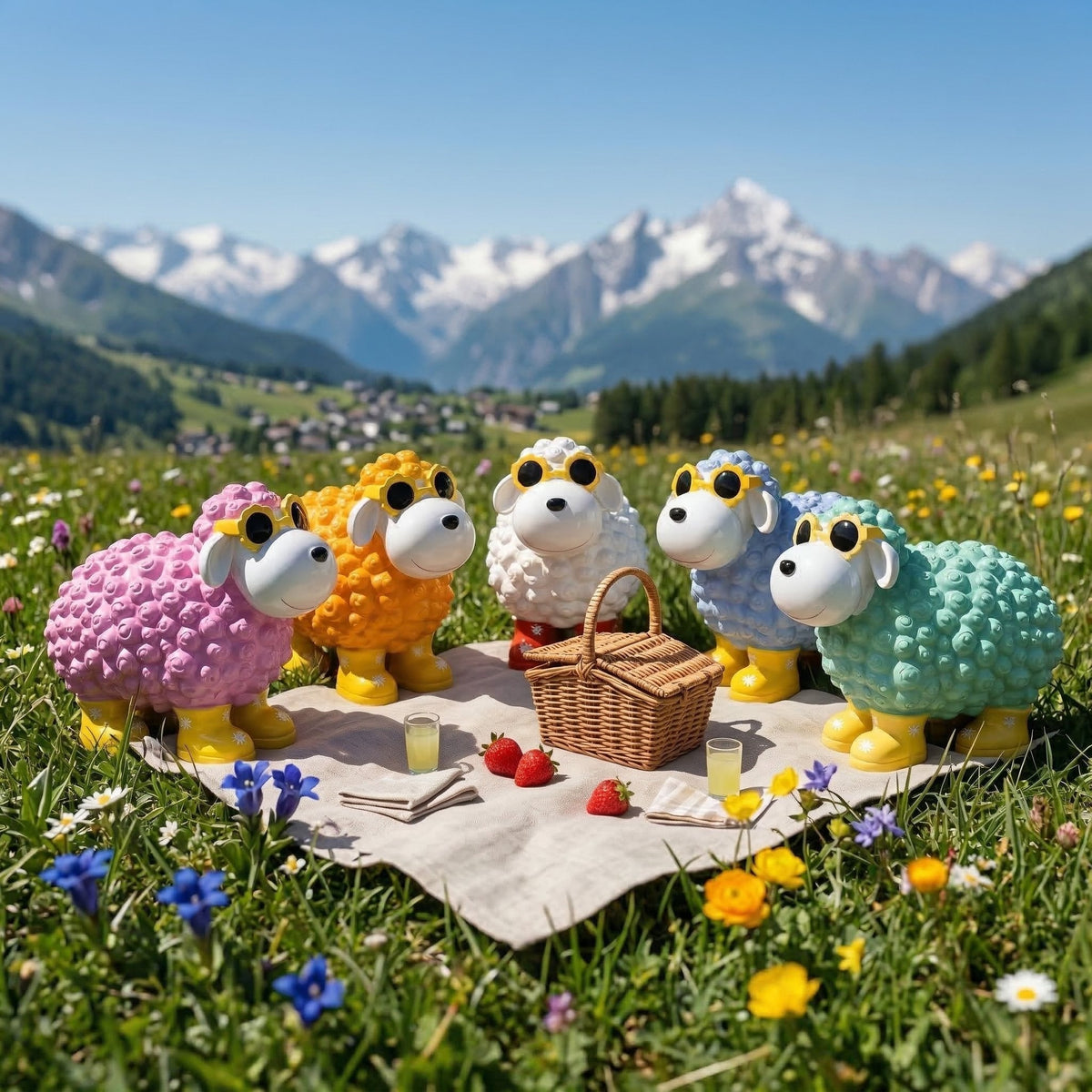 Bunte Schaffiguren mit Blumenbrille – Deko Schaf aus Polyresin für Garten & Zuhause