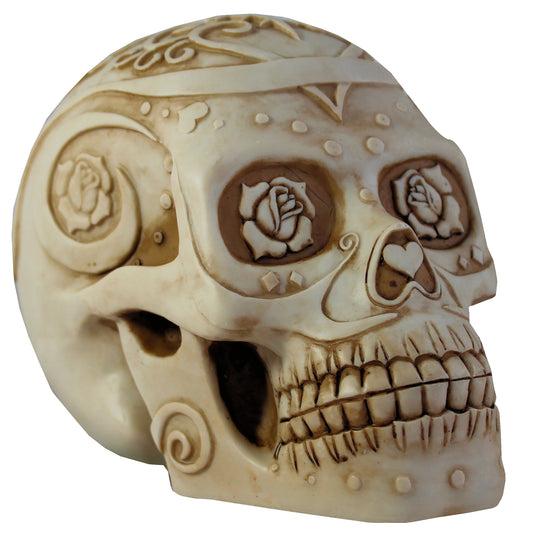 Totenkopf Dekofigur mit Rose – romantische Gothic Schädel Figur