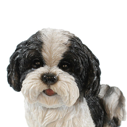 Hunde Figur Shih Tzu Welpe sitzend weiß-schwarz Hund Tierfigur Hundefigur