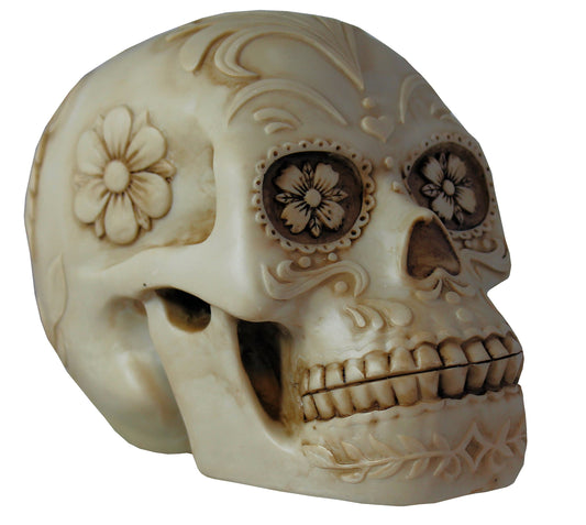 Totenkopf Dekofigur mit Blumenmotiv – Gothic Schädel für Wohnung