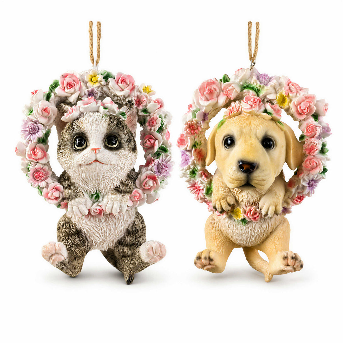 Hängedeko Katzenfigur oder Hundefigur im Blumenkranz – Tierfigur für Fenster & Garten