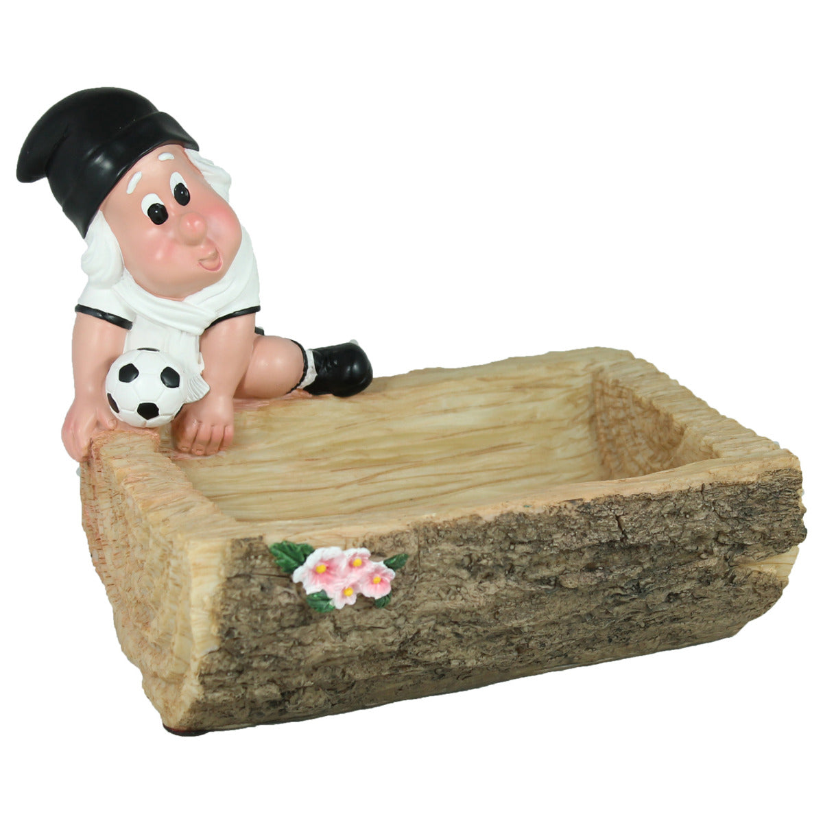Weißer Gartenzwerg Dekofigur für den Garten – Fußballschale & Tränke