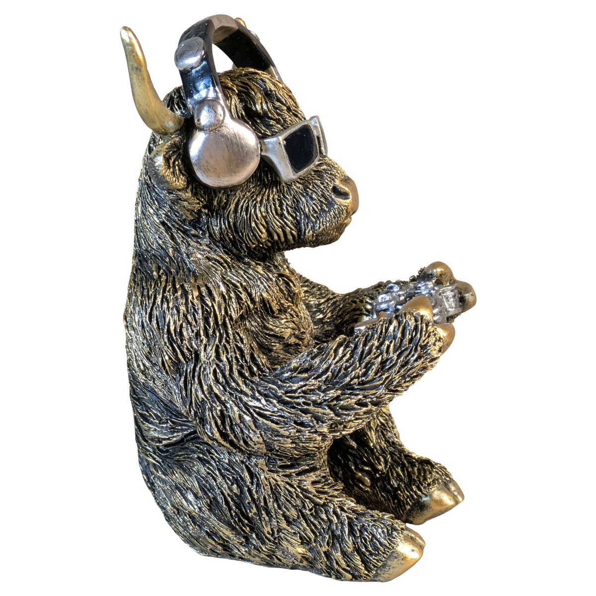 Highland-Cattle-Gamerfigur Kuh-Deko mit Headset & Controller, Goldlook Kuhfigur
