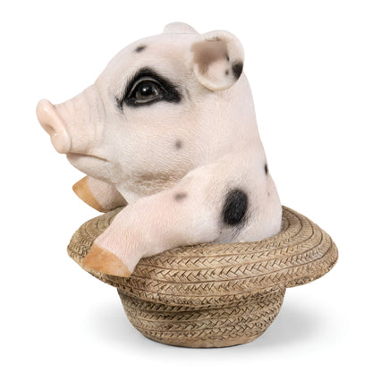 Glücksschwein Figur im Strohhut – Schweine Deko für Haus und Garten