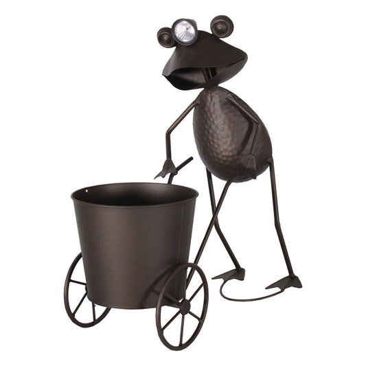 Solar Frosch Dekofigur für den Garten – bepflanzbare Schubkarre