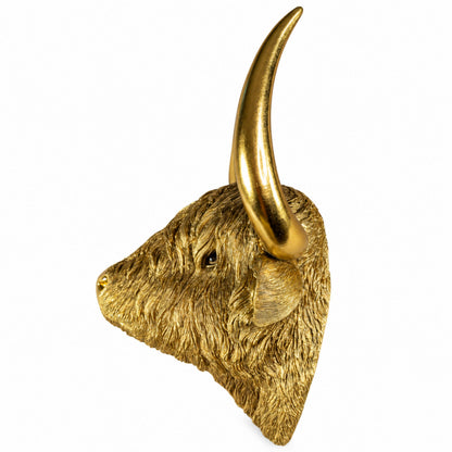 Goldener Highland Cattle Wandkopf – Hochlandrind Tierkopf als Wanddeko für Wohnraum & Flur