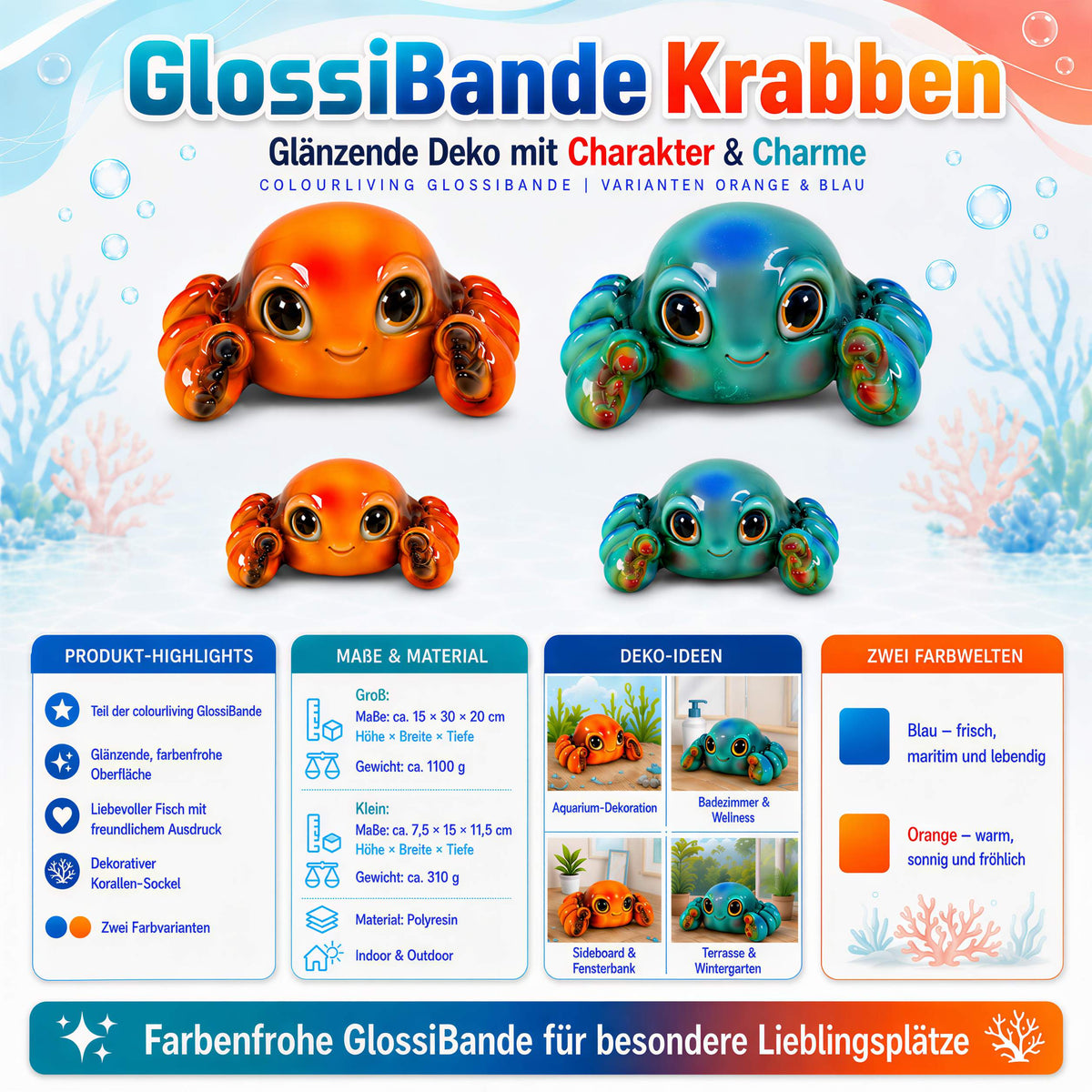 Glänzende Krabbenfigur GlossiBande Krabbe Figur glänzend – Deko in Blau oder Rot, 2 Größen