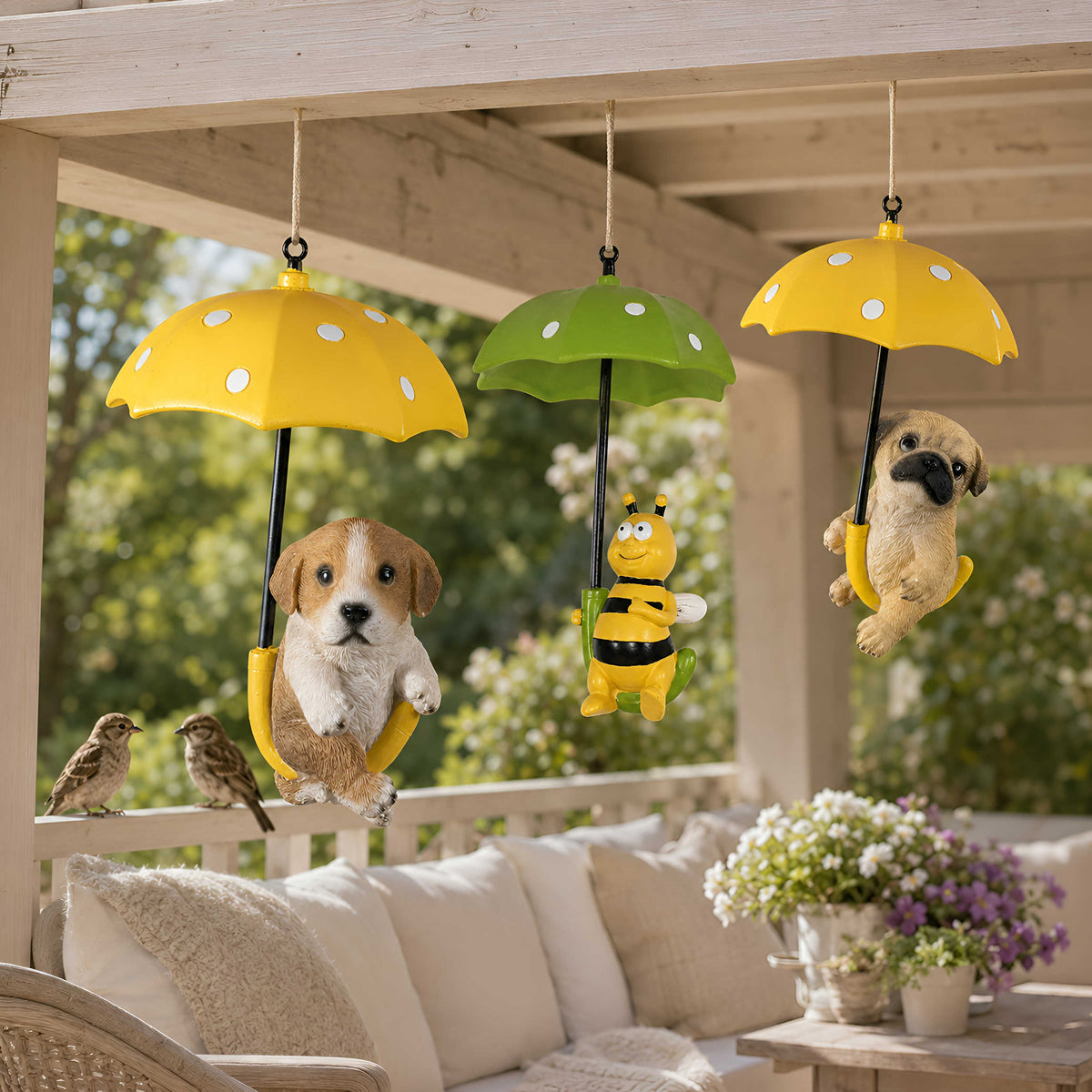 Hängedeko Tierfigur mit Schirm – Fenster- & Gartendeko: Biene, Mops oder Jack Russell