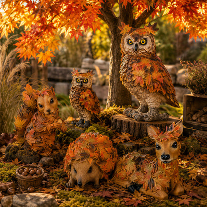Waldtier-Dekofiguren Eule, Reh, Igel & Eichhörnchen mit Blätterdeko