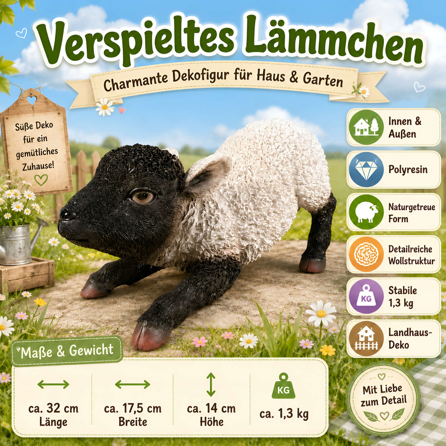 Verspieltes Lamm Dekofigur Set für den Garten – 3 Schafmotive