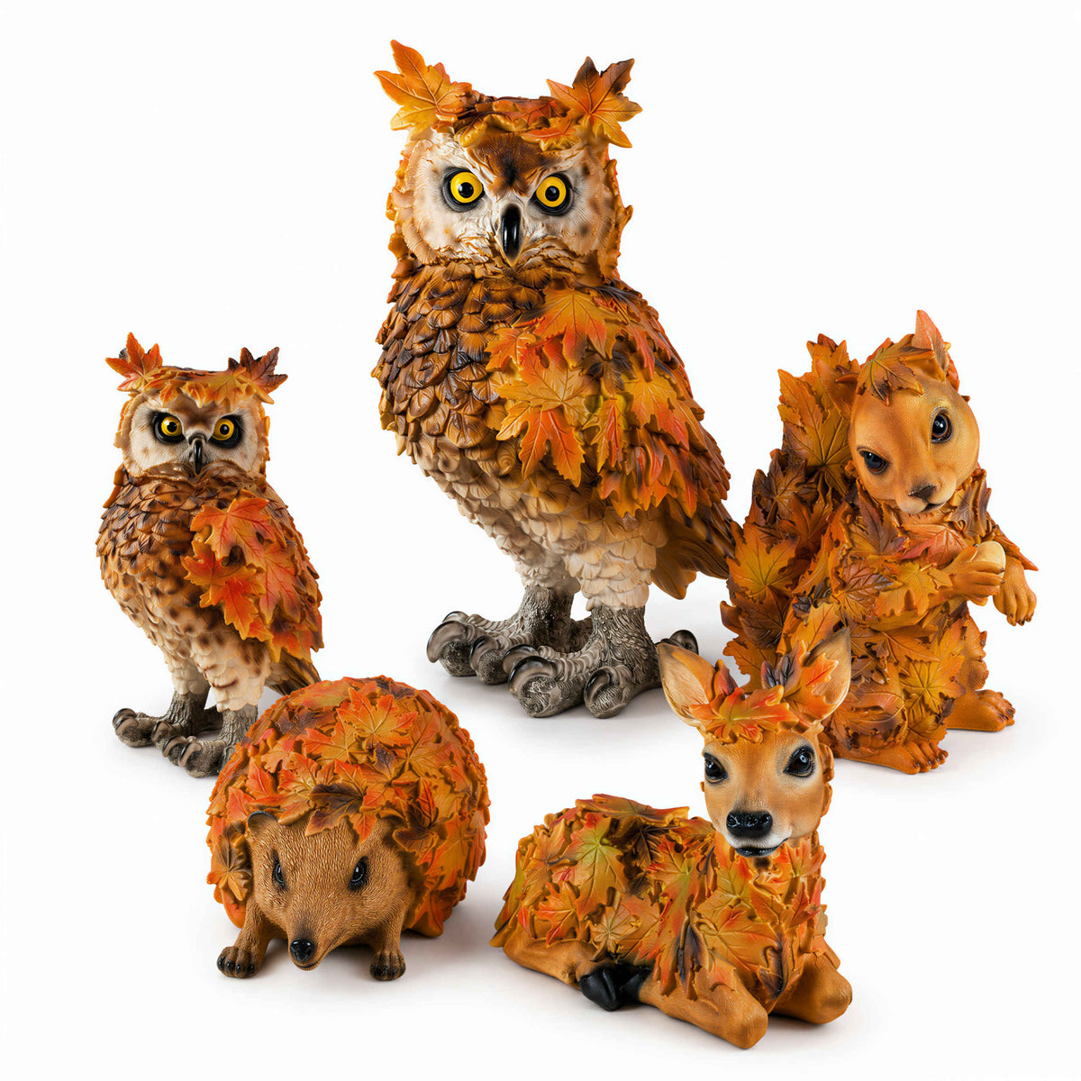 Waldtier-Dekofiguren Eule, Reh, Igel & Eichhörnchen mit Blätterdeko