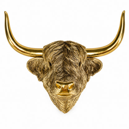 Goldener Highland Cattle Wandkopf – Hochlandrind Tierkopf als Wanddeko für Wohnraum & Flur