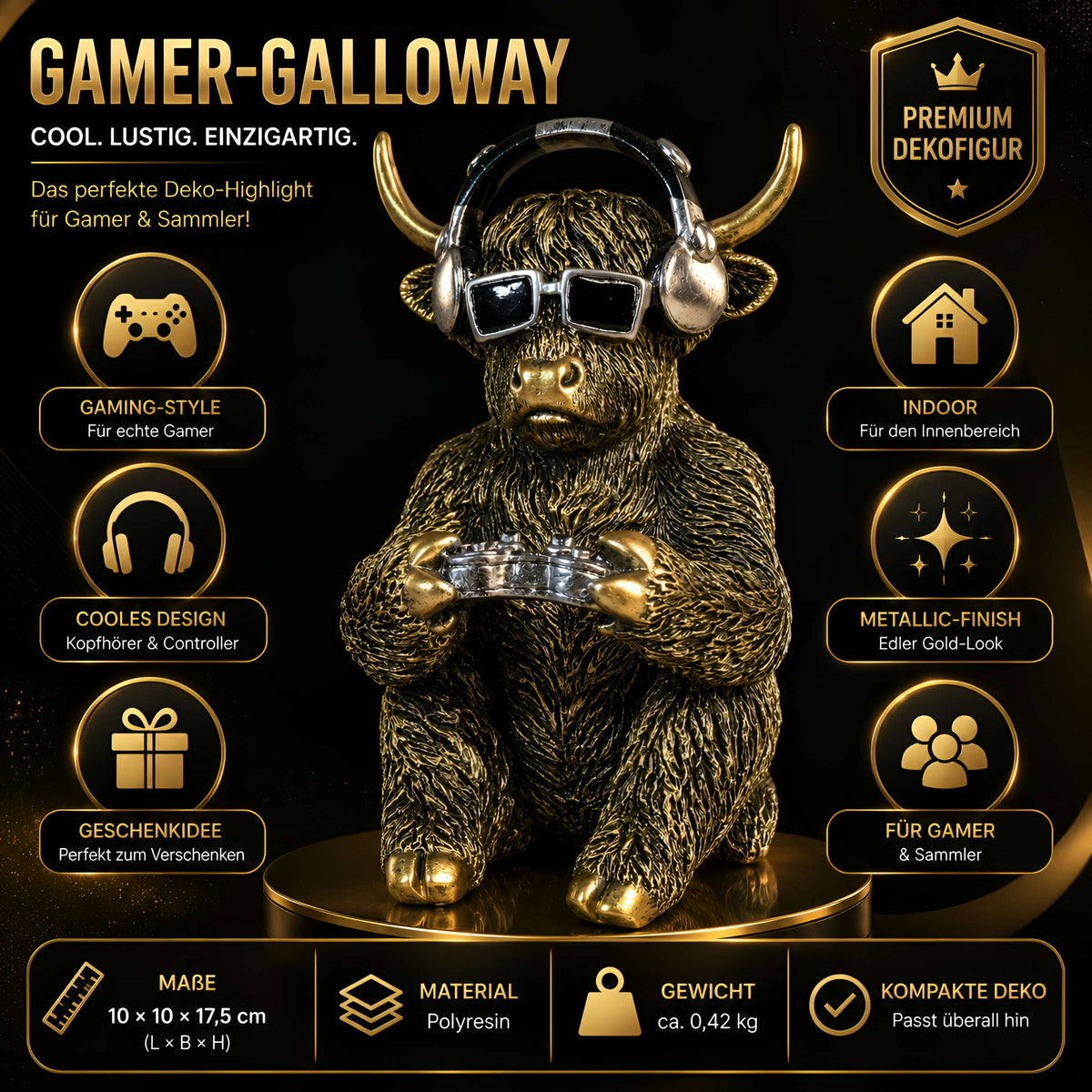 Highland-Cattle-Gamerfigur Kuh-Deko mit Headset & Controller, Goldlook Kuhfigur