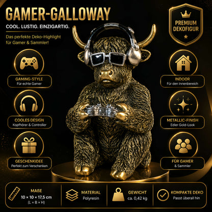 Highland-Cattle-Gamerfigur Kuh-Deko mit Headset & Controller, Goldlook Kuhfigur