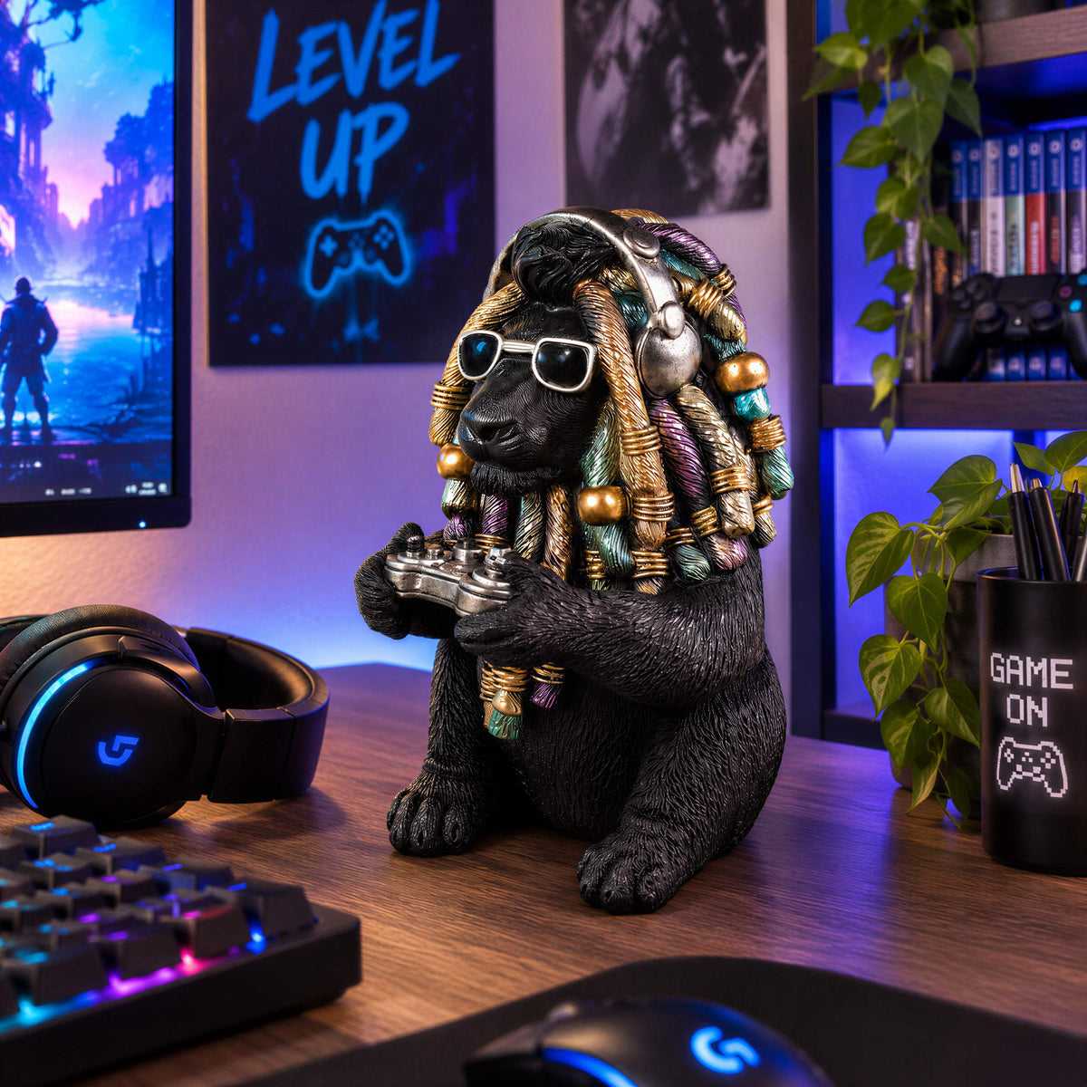 Löwenfigur Urban Royals mit Dreadlocks, Controller & Kopfhörern Löwe Figur