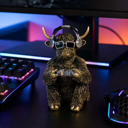 Highland-Cattle-Gamerfigur Kuh-Deko mit Headset & Controller, Goldlook Kuhfigur