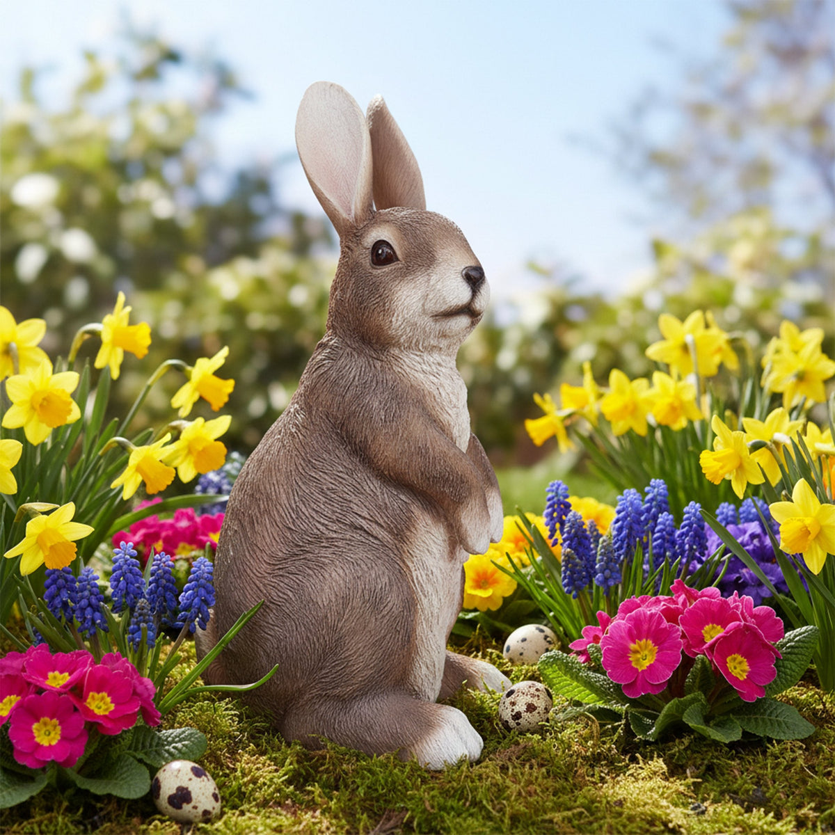 Realistischer Hase als Dekofigur für den Garten – Osterhase in 2 Posen