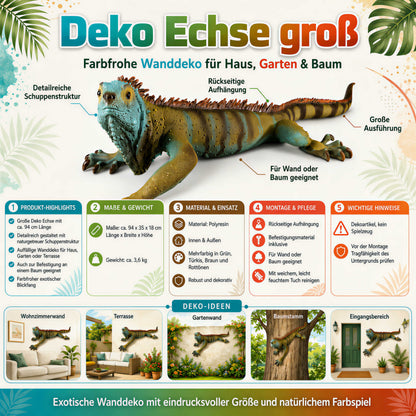 Große Deko-Echse, bunte Wandfigur zum Aufhängen für Haus & Garten, 94 cm