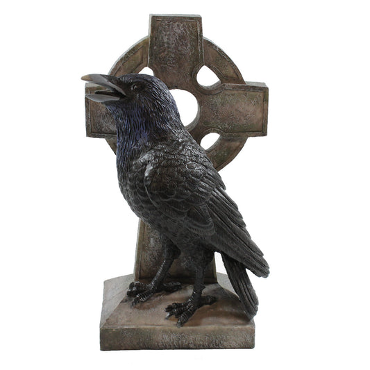Rabe am keltischen Kreuz – handbemalte Gothic Dekofigur
