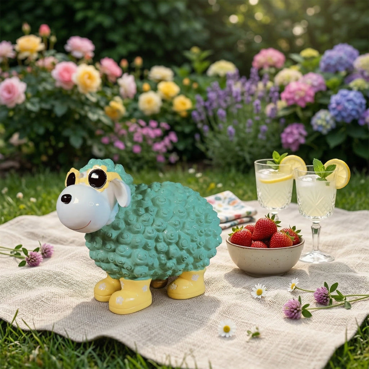 Bunte Schaffiguren mit Blumenbrille – Deko Schaf aus Polyresin für Garten & Zuhause