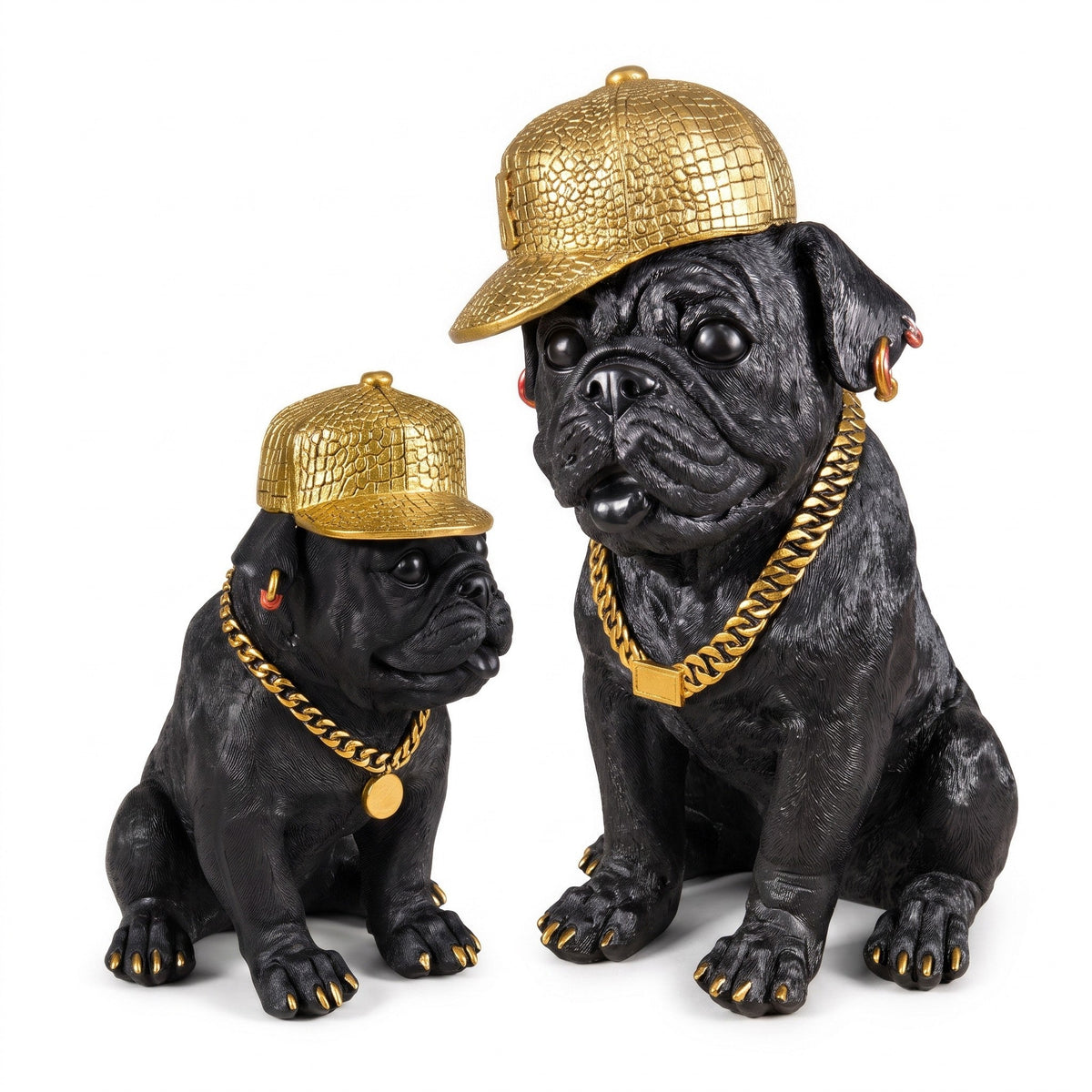 Bulldogge Dekofigur mit Cap, Hundefigur schwarz-gold