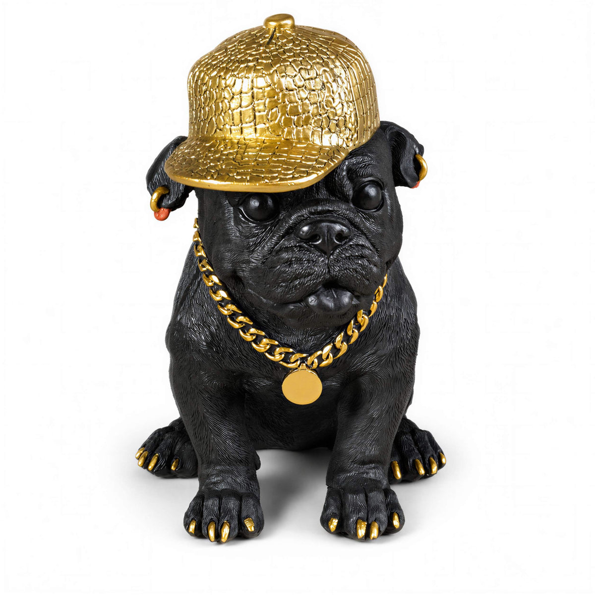 Bulldogge Dekofigur mit Cap, Hundefigur schwarz-gold