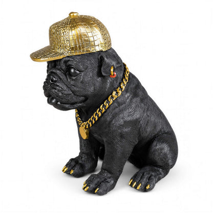 Bulldogge Dekofigur mit Cap, Hundefigur schwarz-gold