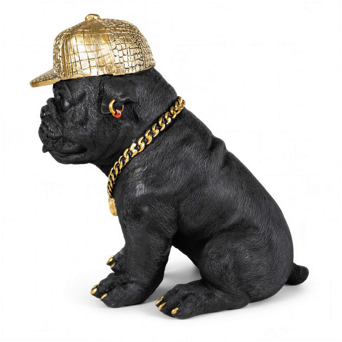 Bulldogge Dekofigur mit Cap, Hundefigur schwarz-gold