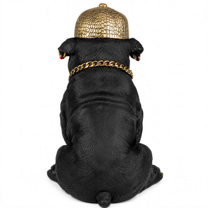 Bulldogge Dekofigur mit Cap, Hundefigur schwarz-gold