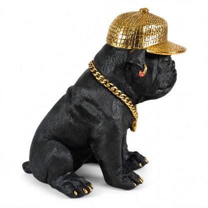 Bulldogge Dekofigur mit Cap, Hundefigur schwarz-gold