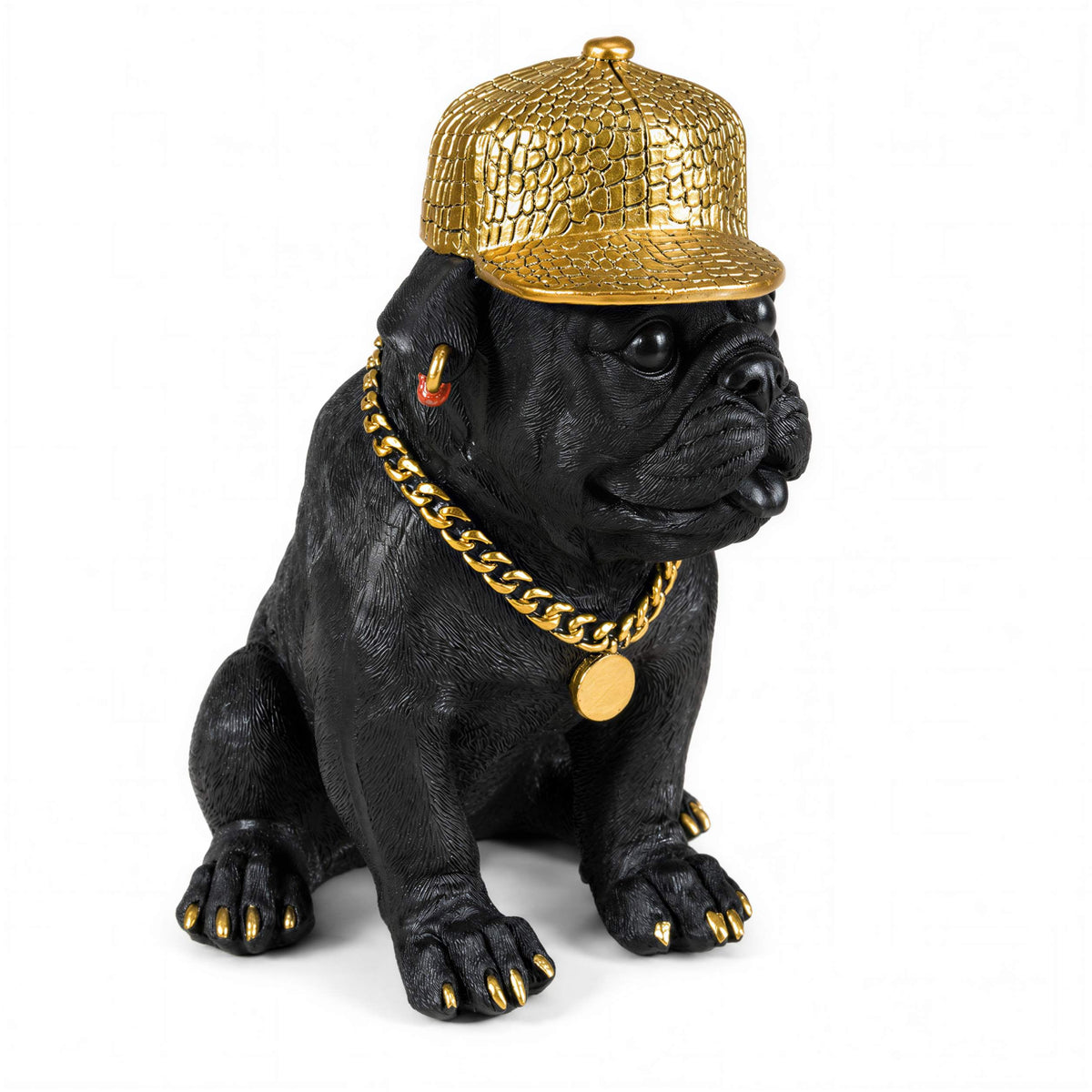 Bulldogge Dekofigur mit Cap, Hundefigur schwarz-gold