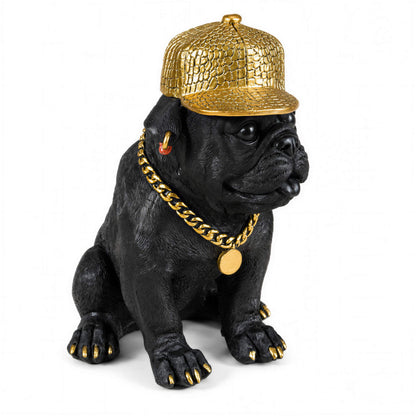 Bulldogge Dekofigur mit Cap, Hundefigur schwarz-gold