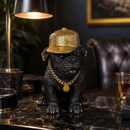 Bulldogge Dekofigur mit Cap, Hundefigur schwarz-gold