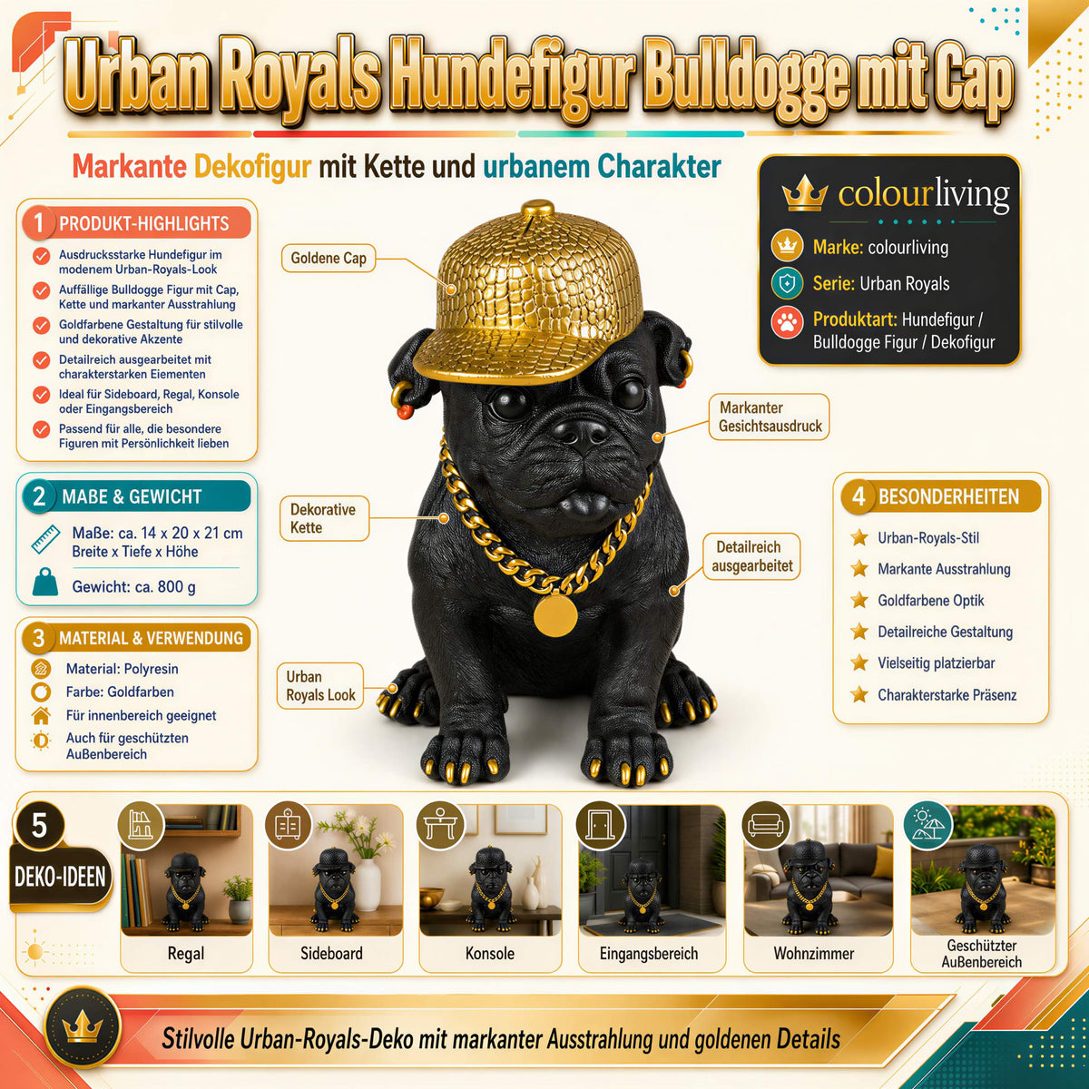 Bulldogge Dekofigur mit Cap, Hundefigur schwarz-gold