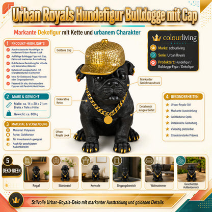 Bulldogge Dekofigur mit Cap, Hundefigur schwarz-gold