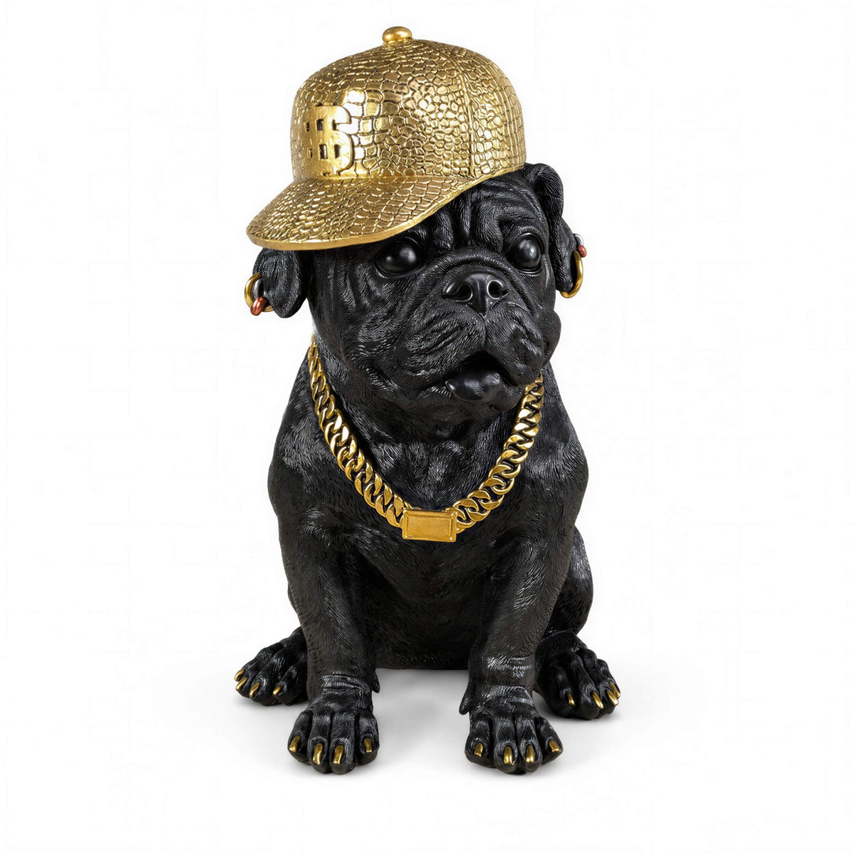 Bulldogge Dekofigur mit Cap, Hundefigur schwarz-gold
