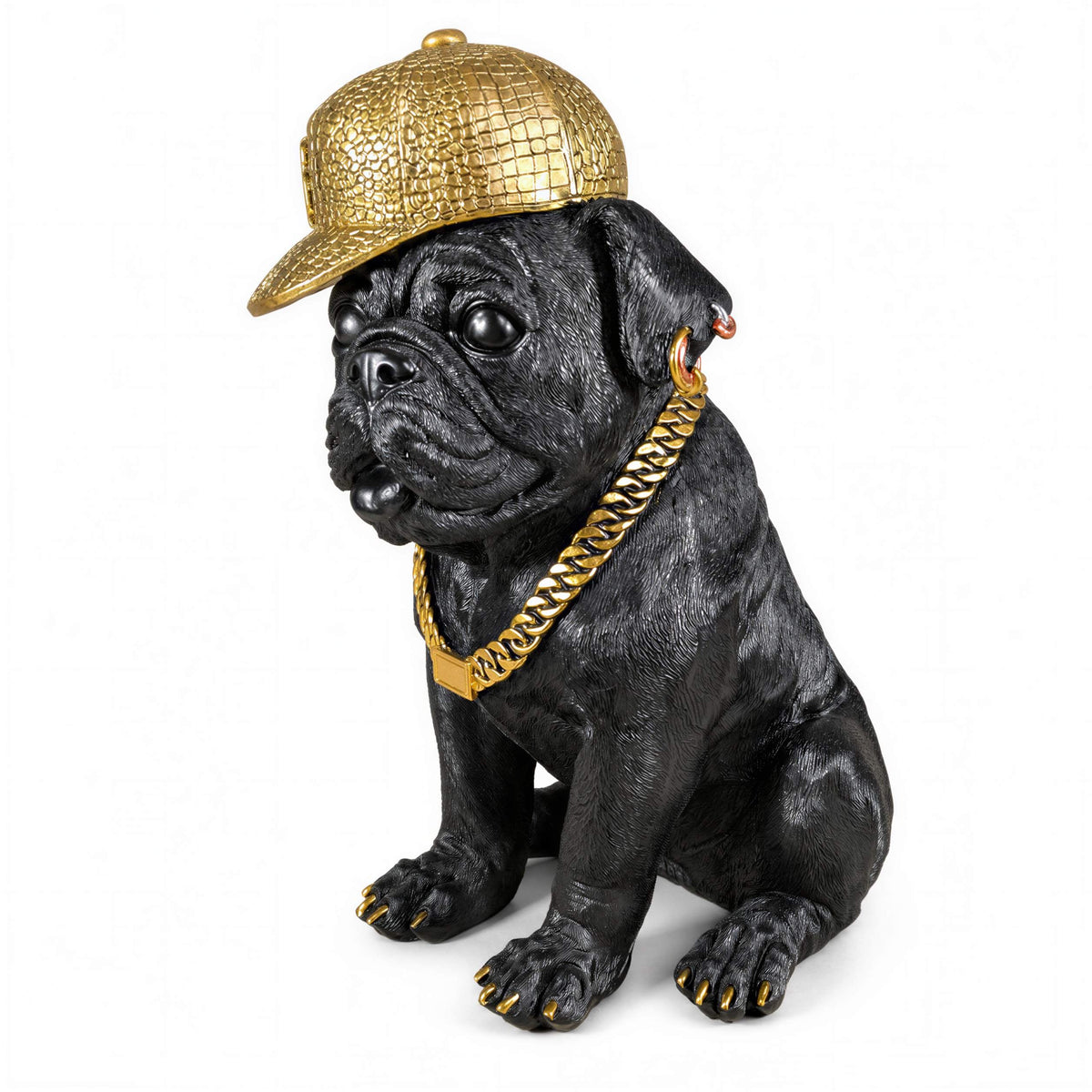 Bulldogge Dekofigur mit Cap, Hundefigur schwarz-gold