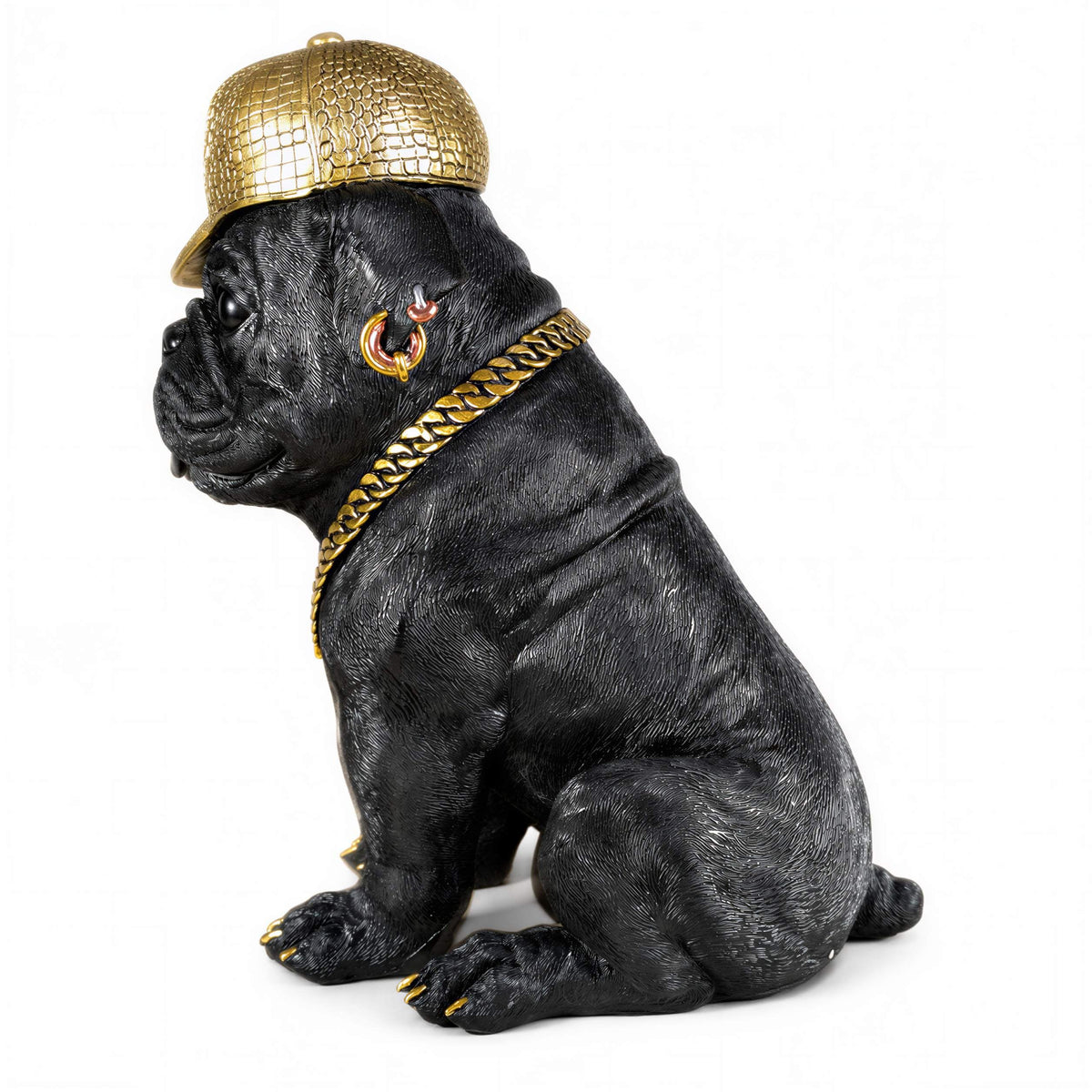 Bulldogge Dekofigur mit Cap, Hundefigur schwarz-gold