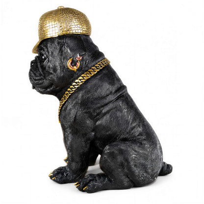 Bulldogge Dekofigur mit Cap, Hundefigur schwarz-gold
