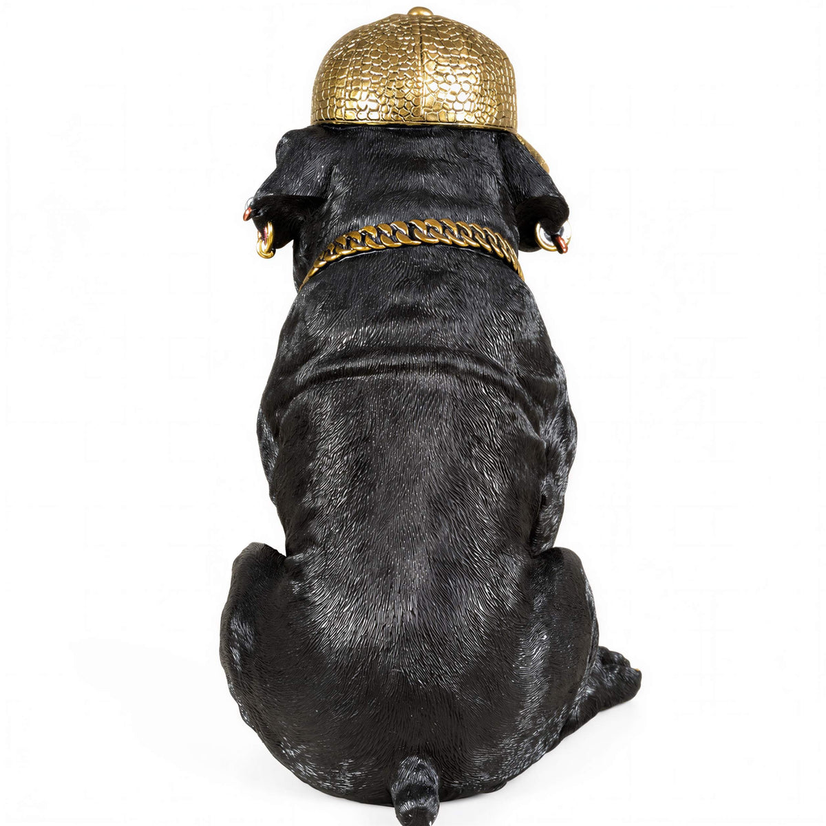 Bulldogge Dekofigur mit Cap, Hundefigur schwarz-gold